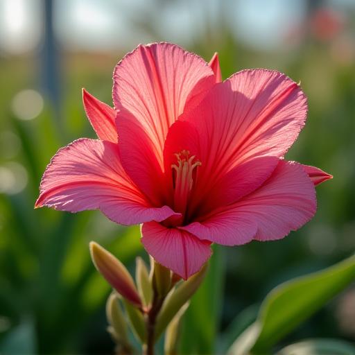A vibrant, exotic flower in full bloom inside the greenhouse.