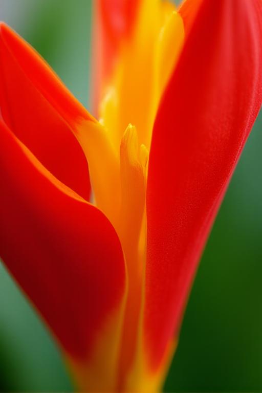 Close-up of a vibrant red and yellow heliconia flower.